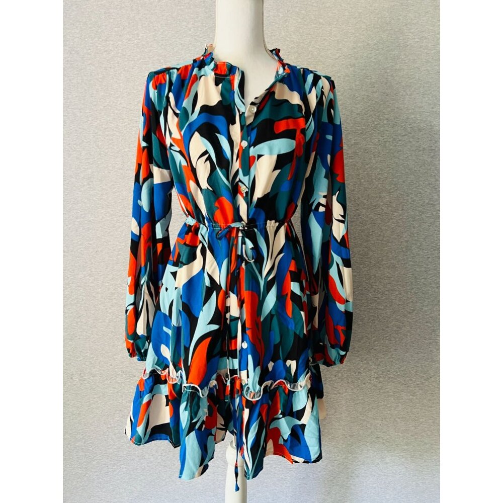 Jodifl Abstract Mini Dress‎ Womens Small Colorful Ruffled Long Sleeve Tie Waist